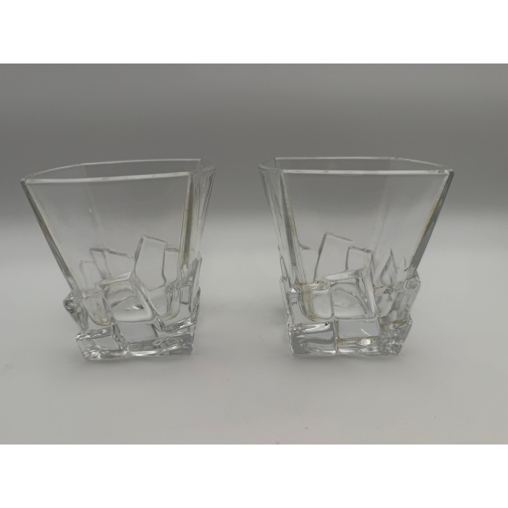Pair of Modern Geometric Ice Cube Base Whiskey Glasses Clear Square Barware Set